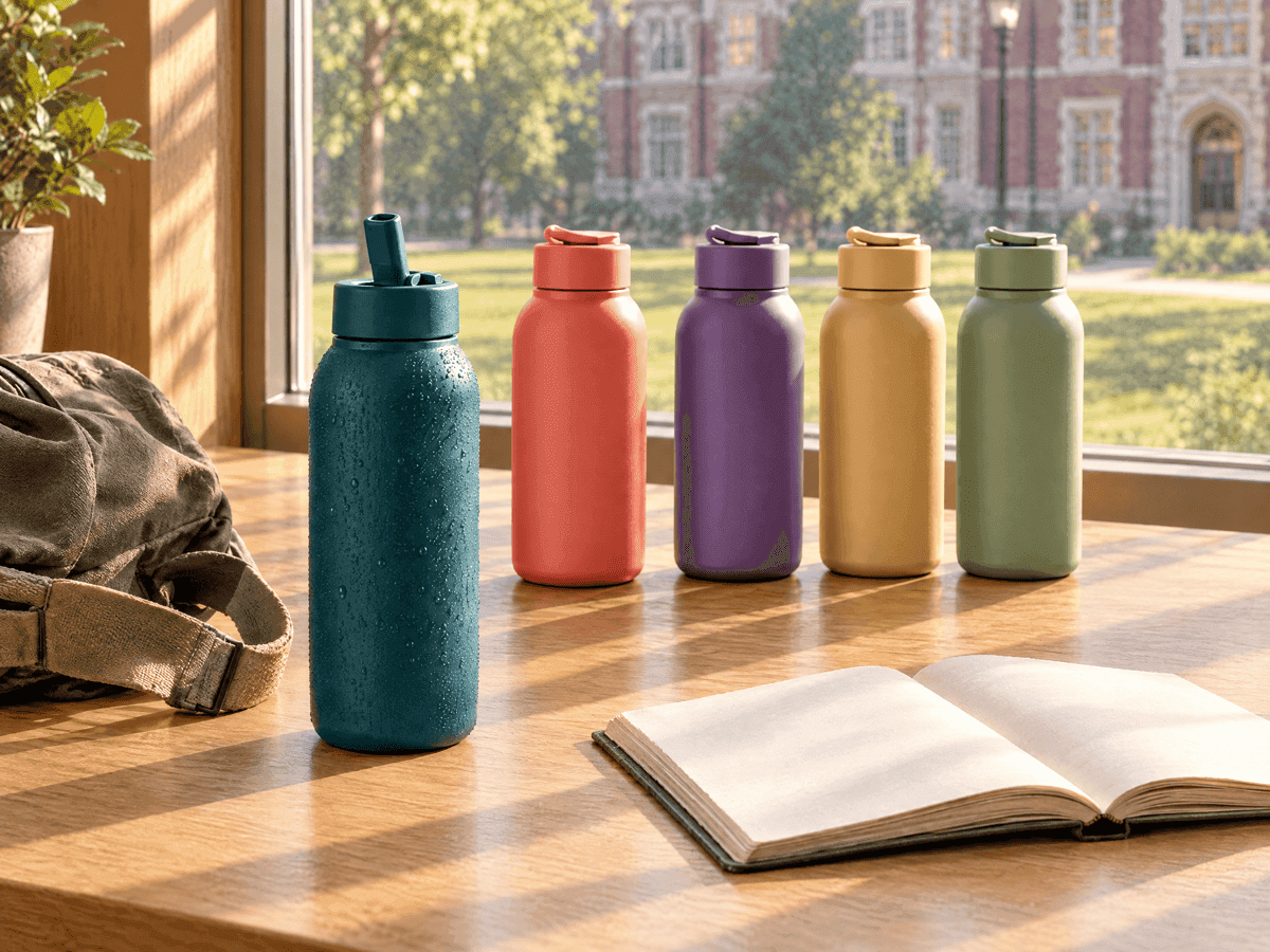 Insulated bottles in teal, coral, violet, gold and sage on a sunlit campus desk beside an open notebook.