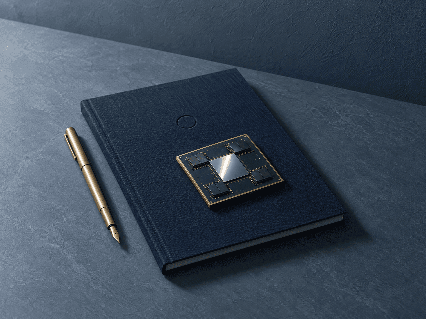 A navy linen-bound annual report on a slate-blue stone desk, with an AI processor chip resting on it and a brass fountain pen beside it.